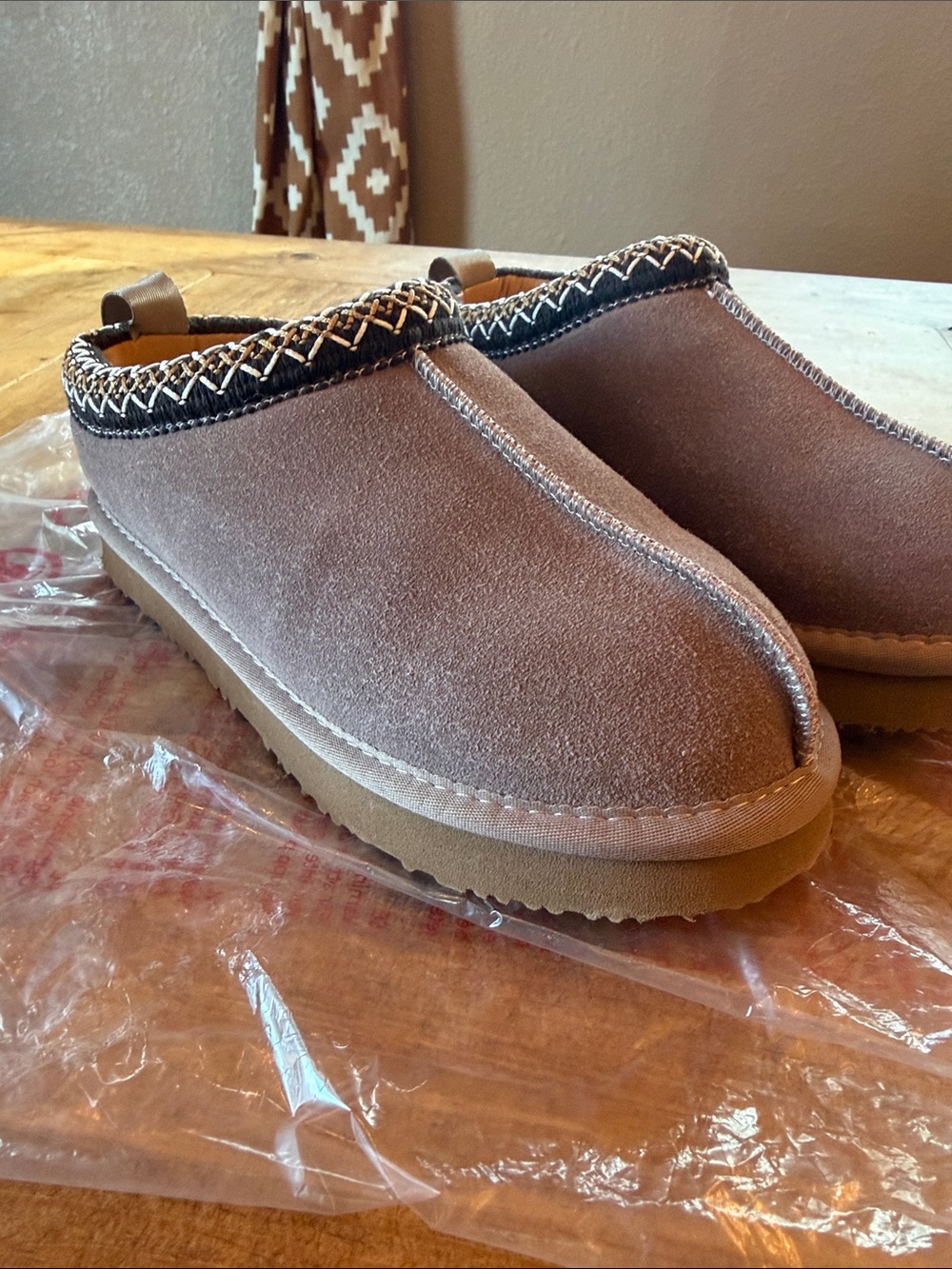 Project E Brown Suede Slip-On Mules with Woven Trim